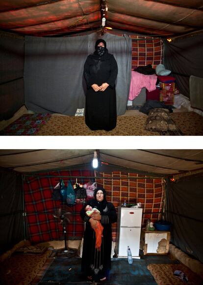 La siria Huda Alhumaidi, de 30 años, se lamenta por el abandono que sufren los refugiados. En marzo posó durante el embarazo, y en agosto vio nacer a su hijo. “Estamos abandonados aquí. Llegamos desesperados, pero ahora quiero volver a mi país. Perdimos nuestra casa, pero, aunque tenga que empezar desde cero, prefiero vivir con dignidad”.