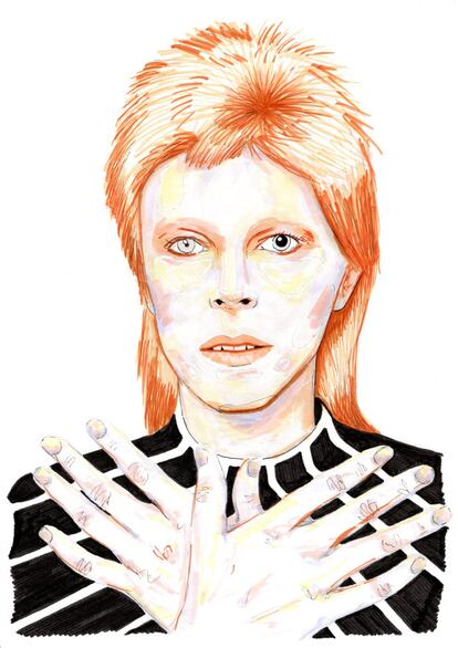 Carla Grisáceos es una ilustradora y fotógrafa de Valencia: "Mi ilustración se basa en un retrato de David Bowie, me he inspirado en su rostro y en la fortaleza con la que suele mirar fijamente. En esta ocasión he utilizado rotuladores porque me permitía marcar más los trazos de su piel, y he jugado con colores más vivos para realizar las luces y las sombras".