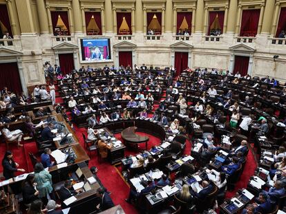 Legisladores argentinos debaten la ley ómnibus en el Congreso, este miércoles.