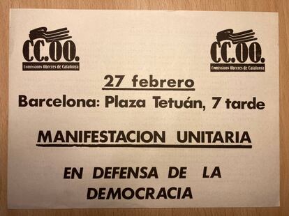 Octavilla de CCOO convocant la manifestació contra el cop d'estat.