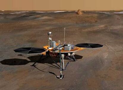 Ilustración de la sonda <i>Phoenix </i>en una llanura del norte de Marte, con sus paneles solares e instrumentos científicos desplegados.