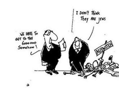 Caricatura publicada por la Liga Árabe Europea ofensiva hacia los judíos. Uno de ellos dice "Tenemos que llegar a seis millones de muertos de algún modo" y el otro comenta "No creo que sean judíos"