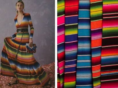 A la izquierda, un modelo de la marca de moda Carolina Herrera. A la derecha, varios sarapes de Tlaxcala