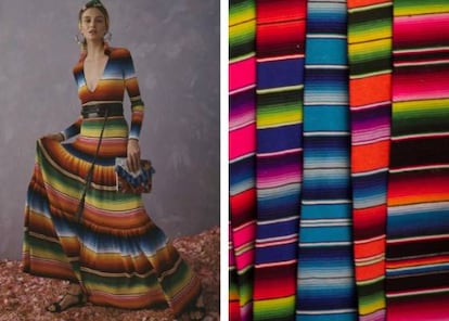 A la izquierda, un modelo de la marca de moda Carolina Herrera. A la derecha, varios sarapes de Tlaxcala
