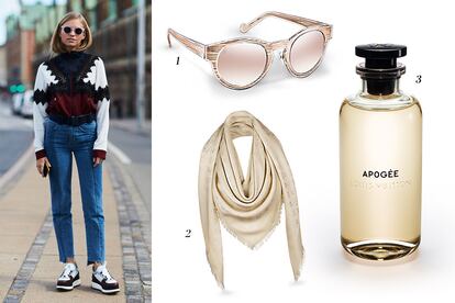 Tendencia sport: 1. Gafas de sol Rosalie Epi (465 euros) 2. Chal Monogram (400 euros) 3. Perfume Apogèe de la colección Les Parfums (200 euros). TODO DE LOUIS VUITTON.