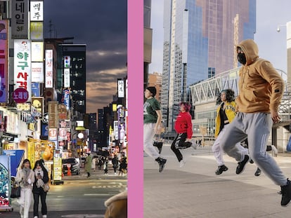 A la izquierda, una calle comercial del barrio universitario de Seúl, capital de Corea del Sur. A la derecha, jóvenes practican coreografías de K-pop en el distrito financiero de Azca, en Madrid.