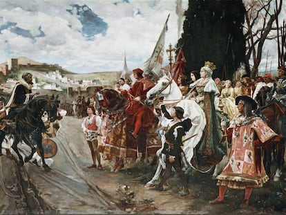 'La rendición de Granada' (1882). Boabdil, el último rey musulmán, rinde Granada a los Reyes Católicos, en un cuadro de Francisco Pradilla y Ortiz que se guarda en el Senado.