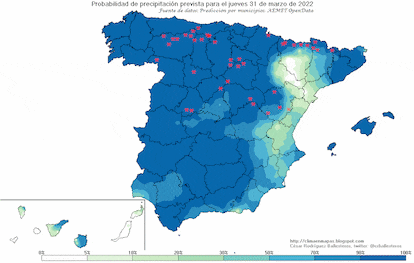 Probabilidad de precipitación prevista en España de jueves a martes. Las aspas rojas son nieve.