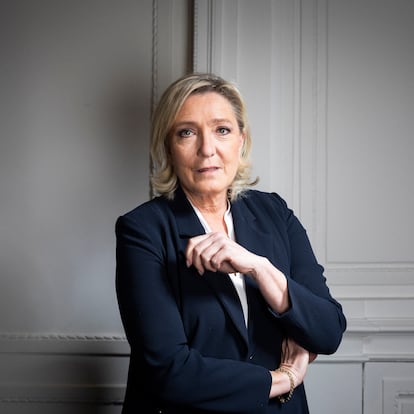 Marine Le Pen, President of the far-right Rassemblement National group in the French National Assembly, photographed in her office at the National Assembly. Marine Le Pen ran for the French presidency in 2012, 2017, and 2022.

Photo ??Ed Alcock / MYOP 17/12/2024

Marine Le Pen, prsidente du groupe d'extrme droite Rassemblement national  l'Assemble nationale fran?aise, photographie dans son bureau  l'Assemble nationale. Marine Le Pen a t candidate  la prsidence fran?aise en 2012, 2017 et 2022.

Photo ??Ed Alcock / MYOP 17/12/2024