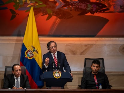 President Gustavo Petro speaks before the Congress of the Republic during the start of the 2023-2024 legislative session, in Bogotá, on July 20, 2023.