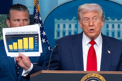 President Donald Trump holds up a chart in front of Defense Secretary Pete Hegseth as he speaks with reporters in the James Brady Press Briefing Room at the White House, Monday, Aug. 11, 2025, in Washington. (AP Photo/Alex Brandon)