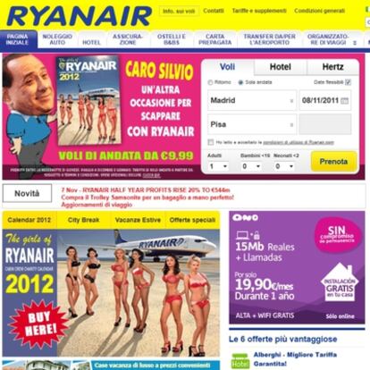 Una imagen de la página web de la compañía aérea Ryanair que se ríe de Silvio Berlusconi.