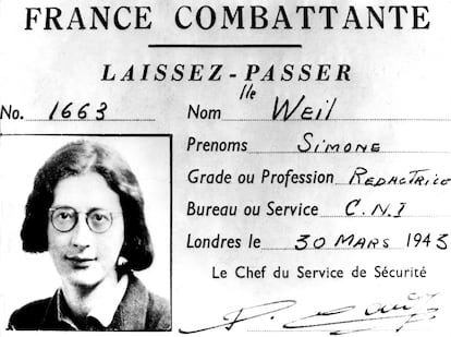 Pase de Simone Weil (1909-1943), cuando trabajaba para la resistencia francesa, expedido meses antes de su muerte.