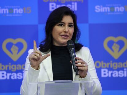 La senadora brasileña Simone Tebet, durante el anuncio en São Paulo.