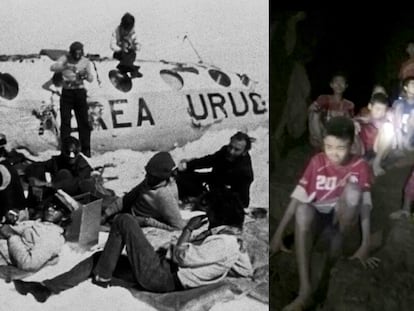 Los sobrevivientes del vuelo uruguayo que se estrelló contra los Andres, en 1972, (a la izquierda) y la primera imagen de los niños tailandeses atrapados en una cueva, en 2018 (a la derecha).