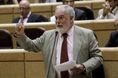 El ministro de Agricultura, Alimentación y Medio Ambiente, Miguel Arias Cañete, durante su intervención en el pleno del Senado de hoy.