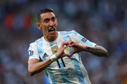 La Finalissima: Di María celebra el segundo gol argentino ante Italia