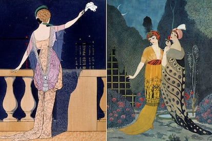 George Barbier (1882-1932) prestó su pincel a los diseños de Paquin (izq.) o Poiret (dcha.) y fue miembro del equipo original de Gazette du bon ton, una de las revistas de moda más influyentes que aunó a couturiers, artistas y editores. Trabajó para Vogue y al igual que sus colegas, estuvo vinculado al diseño de teatro. 