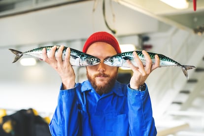 Fisherman with fresh fish on the fishing boat deck