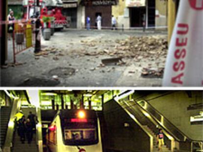 Los bomberos, ayer, sanean una cornisa desprendida de una fachada en la plaza de Doctor Collado de Valencia. Abajo, la estación de metro de Hermanos Machado, que amaneció inundada.