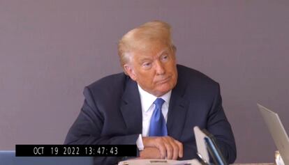 In this image taken from video released by Kaplan Hecker & Fink, former President Donald pauses during his October 19, 2022, deposition for his trial against writer E. Jean Carroll.