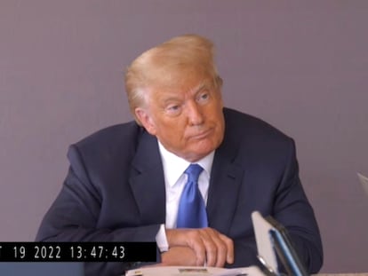 In this image taken from video released by Kaplan Hecker & Fink, former President Donald pauses during his October 19, 2022, deposition for his trial against writer E. Jean Carroll.