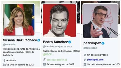 Perfiles en Twitter de los candidatos de las primarias socialistas, Susana Díaz, Pedro Sánchez y Patxi López.