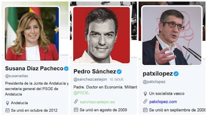 Perfiles en Twitter de los candidatos de las primarias socialistas, Susana Díaz, Pedro Sánchez y Patxi López.