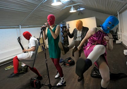 Members of Pussy Riot rehearse for a performance in protest of Putin-ordered police reprisals in Moscow, in February 2012.