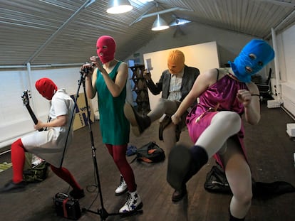 Members of Pussy Riot rehearse for a performance in protest of Putin-ordered police reprisals in Moscow, in February 2012.