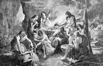 Cave-dwelling people cooking meat in a 19th-century illustration