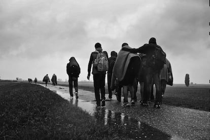 Refugiados en la frontera entre Serbia y Hungría.