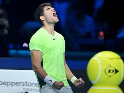 Carlos Alcaraz celebrates during the match against Daniil Medvedev at the Nitto ATP Finals tennis tournament in Turin, Italy, 17 November 2023.