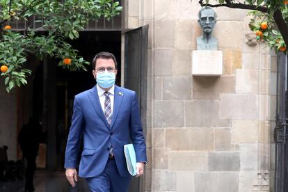 El vicepresidente de la Generalitat en funciones, Pere Aragonès, a su llegada a la reunión semanal del Govern, la primera tras las elecciones catalanas del 14F.