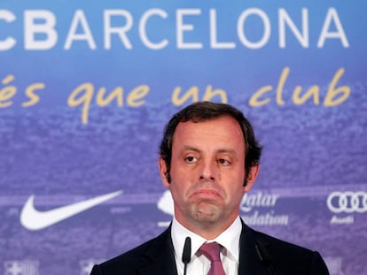 Barcelona's president Sandro Rosell at a news conference near the Camp Nou stadium in Barcelona in 2013