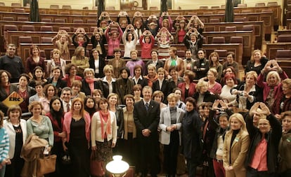 Feministas y diputadas posan con Jesús Caldera María Teresa Fernández de la Vega tras la aprobación de la ley.