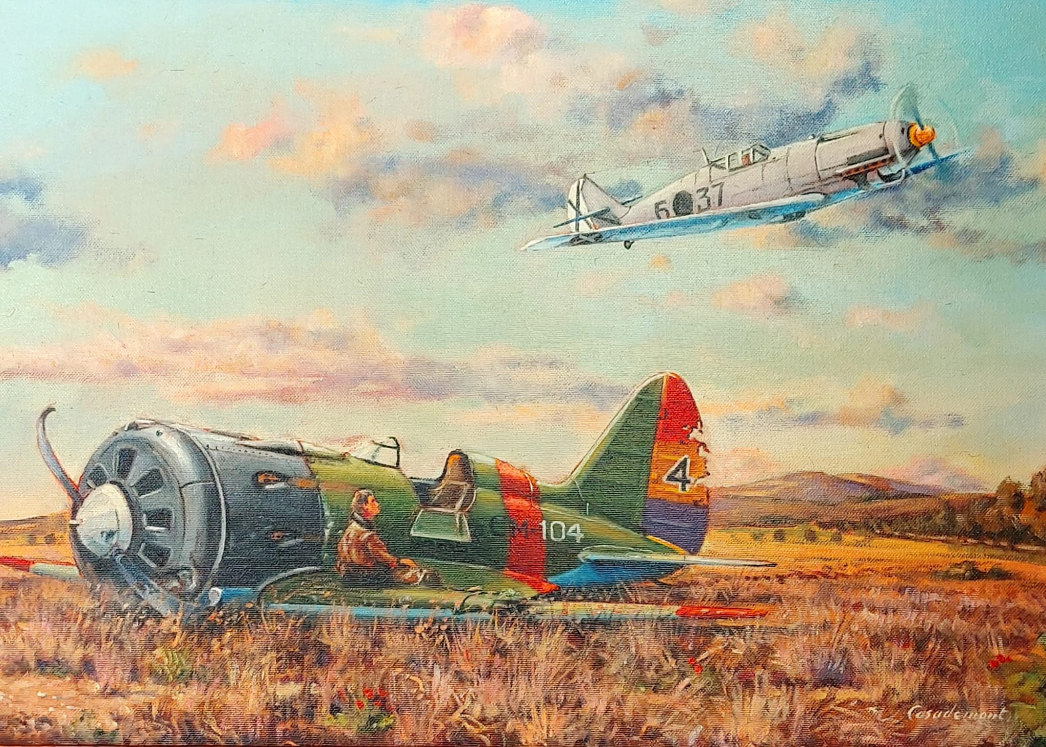 Un Mosca y un Me-109 en una de las pinturas del fondo Vilella que se exponen en el aeropuerto de El Prat.