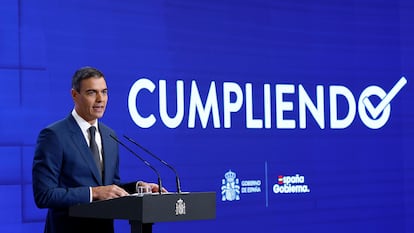 El presidente del Gobierno, Pedro Sánchez, durante la rueda de prensa sobre el balance del curso político, este miércoles en La Moncloa.
