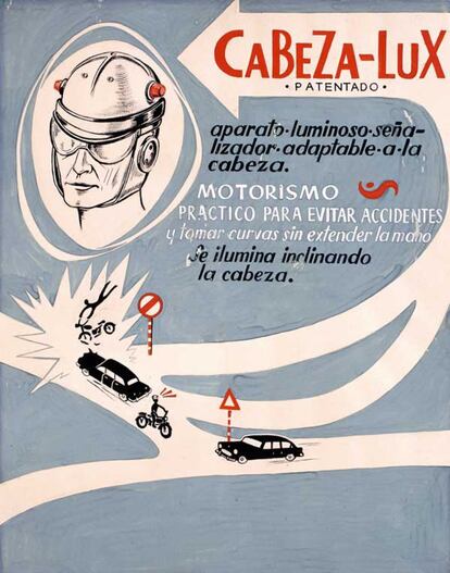 Anuncio de los años cincuenta de un invento llamado Cabeza-Lux, un casco con luces para prevenir accidentes de motoristas que se iluminaba al inclinar la cabeza.