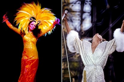 Lentejuelas, plumas y pedrería han sido su uniforme durante décadas. En su gira de 2004 (izda.) deslumbró con distintos tocados que parecían salidos de un carnaval carioca (o de los espectáculos de Josephine Baker) y sus vestidos blancos de amplio escote en uve han sido uno de sus estilismos estrella (en la imagen, el que lució en 1983 en Nueva Yor, en el concierto For One and For All).