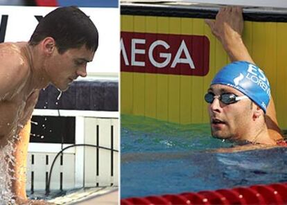 Alexander Popov, saliendo del agua, y Eduard Lorente, aún en ella, nada más terminar sus respectivas semifinales de los 50 metros libres.