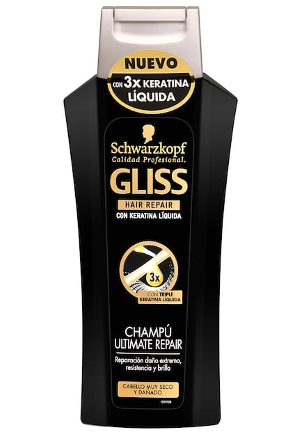 El cabello muy seco y dañado no solo está áspero sino que puede presentar un nada favorecedor encrespamiento. La gama Gliss Ultimate Repair de Schwarzkopf ha sido concebida para reparar ese pelo quebradizo y extremadamente seco (bien por tratamientos químicos, por la acción del sol...) gracias a su contenido en triple queratina líquida. Para recuperar la forma del cabello desde el lavado nos quedamos con su champú, que reconstruye la estructura capilar y la hace más fuerte y con mejor aspecto y tacto. Cuesta 3,95 euros.