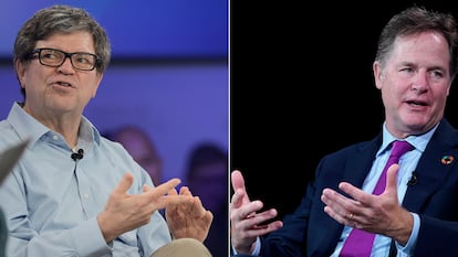 Yann LeCun, jefe de IA de Meta, en el Foro de Davos de este año, y Nick Clegg, presidente de asuntos globales de Meta, en septiembre en Nueva York.