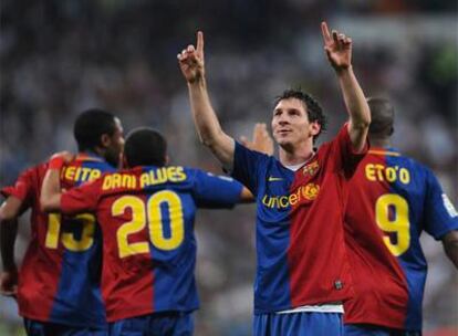 Messi celebra su segundo gol, el quinto del Barça.