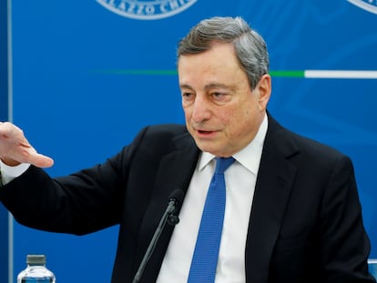 El primer ministro de Italia, Mario Draghi, durante la rueda de prensa del jueves, en Roma.