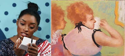 On the left, Simone Biles. On the right, the painting 'In Praise of Cosmetics' (1897), by Degas.