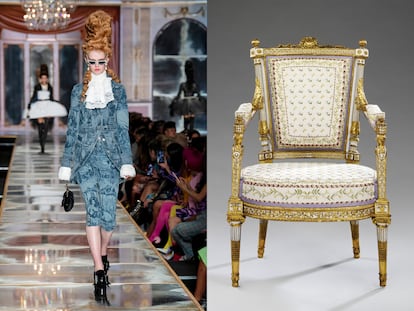 A la izda., otra imagen que ratifica la influencia de María Antonieta en la moda, un 'look' del desfile de Moschino (O-I 2020-21), y, a la dcha., silla del mobiliario de la reina (Victoria & Albert Museum).