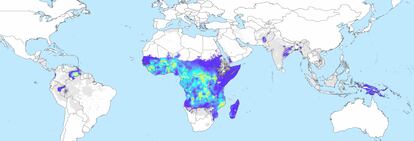 Mapa de incidencia de malaria en el mundo en 2022.