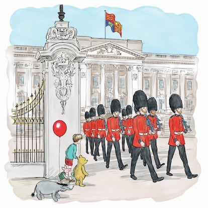 Winnie the Pooh, Christopher Robin, Pigglet e Ígor observan a la Guardia Real saliendo del palacio de Buckingham.