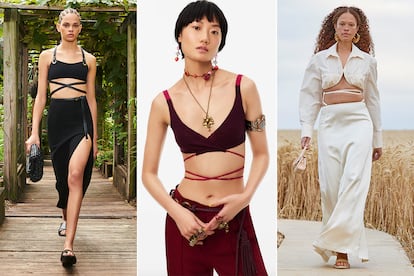 Las tiras 'ombligueras'. Es una de las grandes tendencias de la temporada. Firmas como Michael Kors (izquierda), Jacquemus (derecha), Versace, Altuzarra o Acne Studios han subido a la pasarela multitud de tops, vestidos y conjuntos que dejan el abdomen al descubierto decorndolo con varias tiras que lo cruzan. Una idea que vuelve cada primavera-verano, pero rara vez se visualiza ms all de las pasarelas. Esta temporada marcas como Zara (centro) contribuyen a acercarla al gran pblico, pero no le auguramos xito masivo ms all de alguna foto en Instagram.